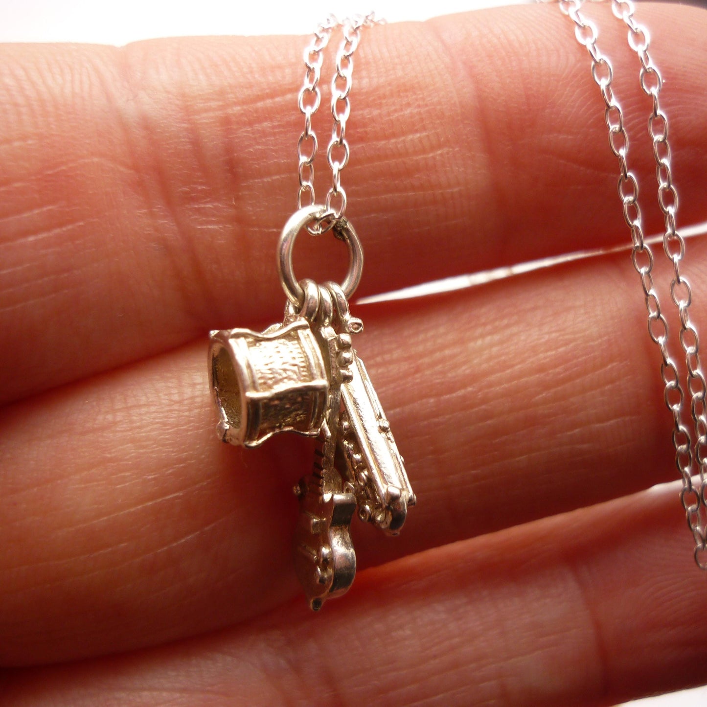 Silver Musical Instrument Charm Pendant on Chain, Guitar Drums and Saxophone Necklace