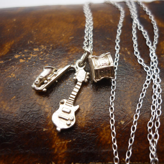 Silver Musical Instrument Charm Pendant on Chain, Guitar Drums and Saxophone Necklace