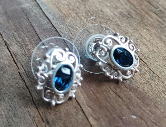 Vintage Silver Plated Sapphire Stud Earrings: Elegant Oval Rhinestone Jewellery