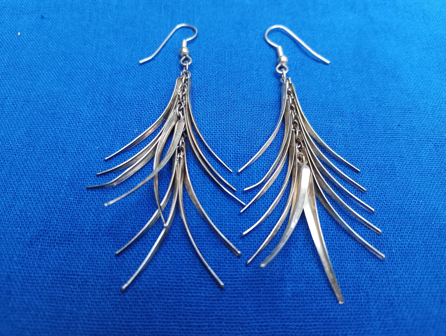 Vintage Silver Tone Chandelier Earrings: Feather Leaf Dangle, 1960s-70s Retro Style