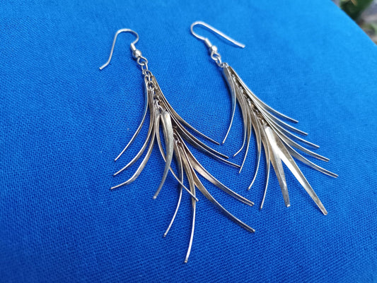 Vintage Silver Tone Chandelier Earrings: Feather Leaf Dangle, 1960s-70s Retro Style