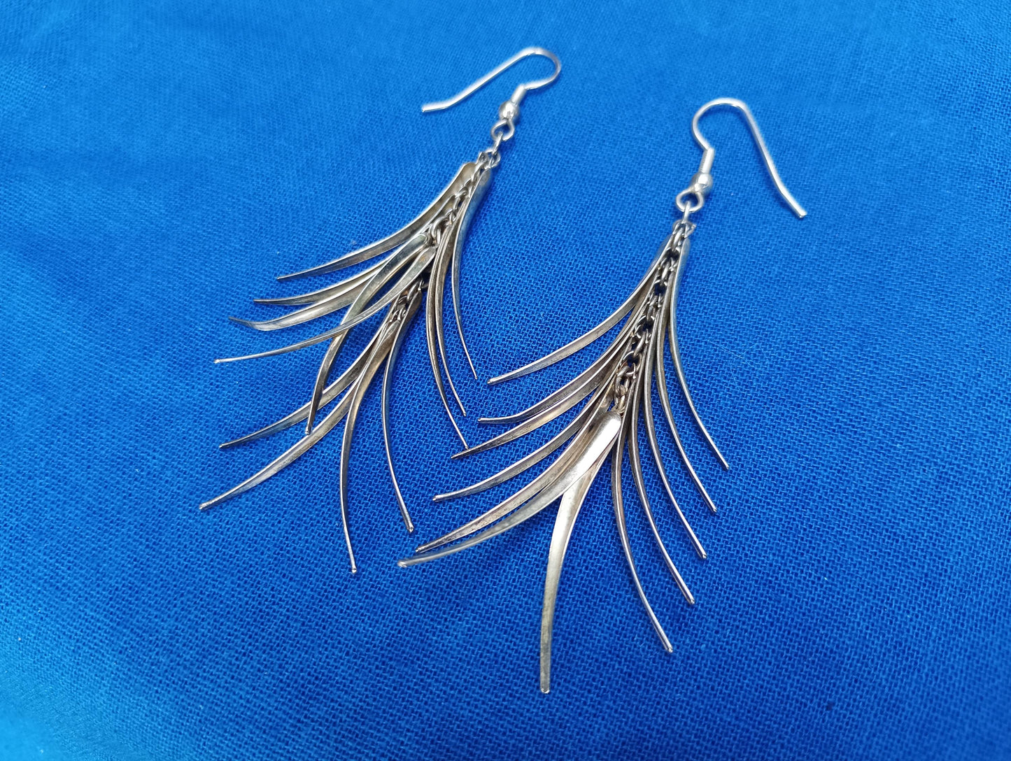 Vintage Silver Tone Chandelier Earrings: Feather Leaf Dangle, 1960s-70s Retro Style