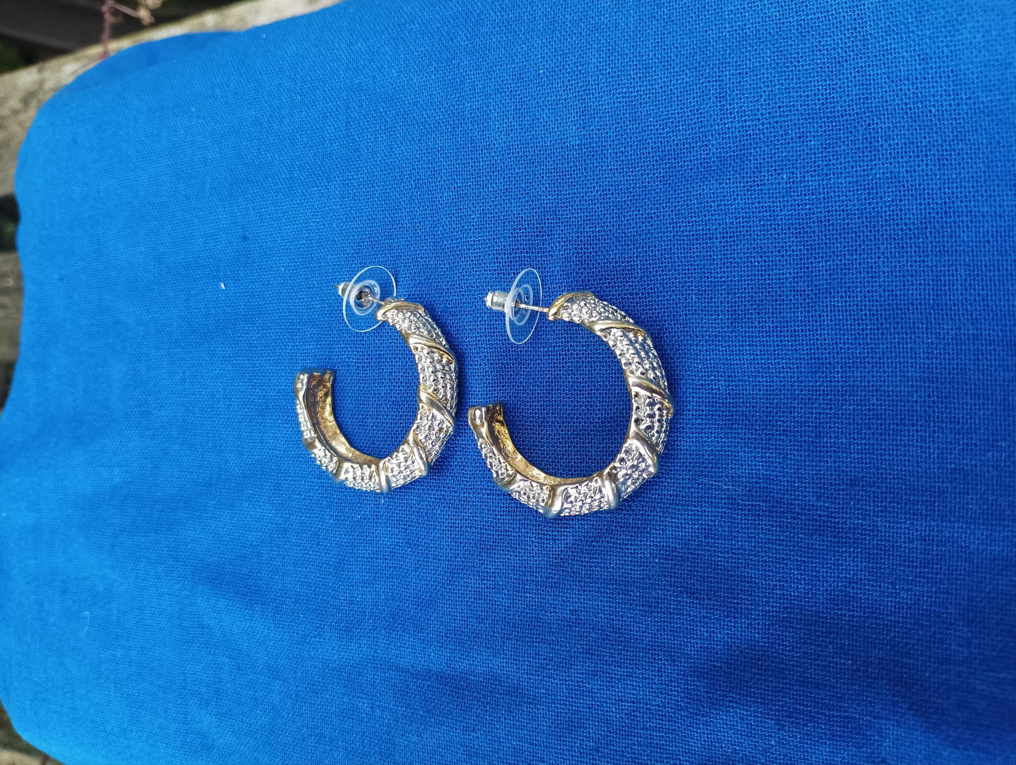 Vintage Two-Tone Hoop Earrings, Textured Pattern, Statement Jewelry