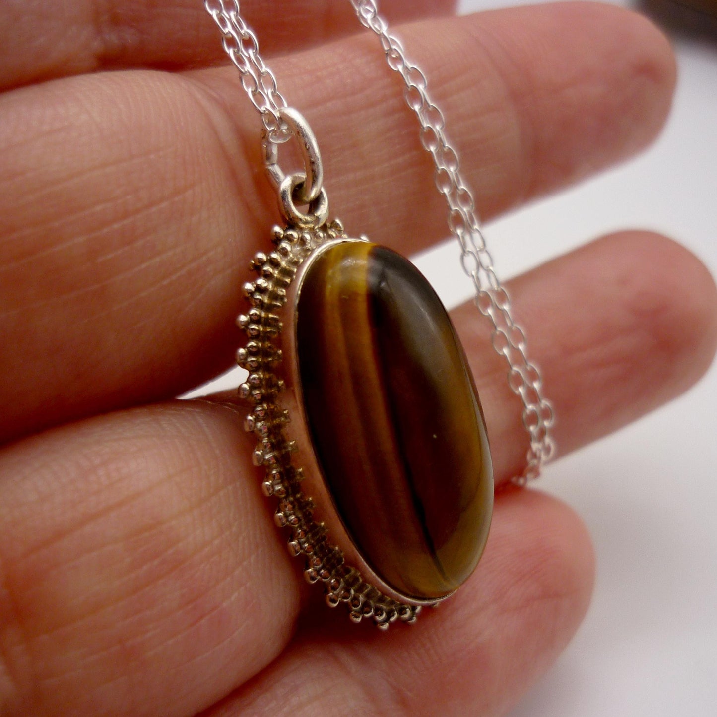 Vintage Tiger's Eye Pendant, Silver Tiger Eye Necklace