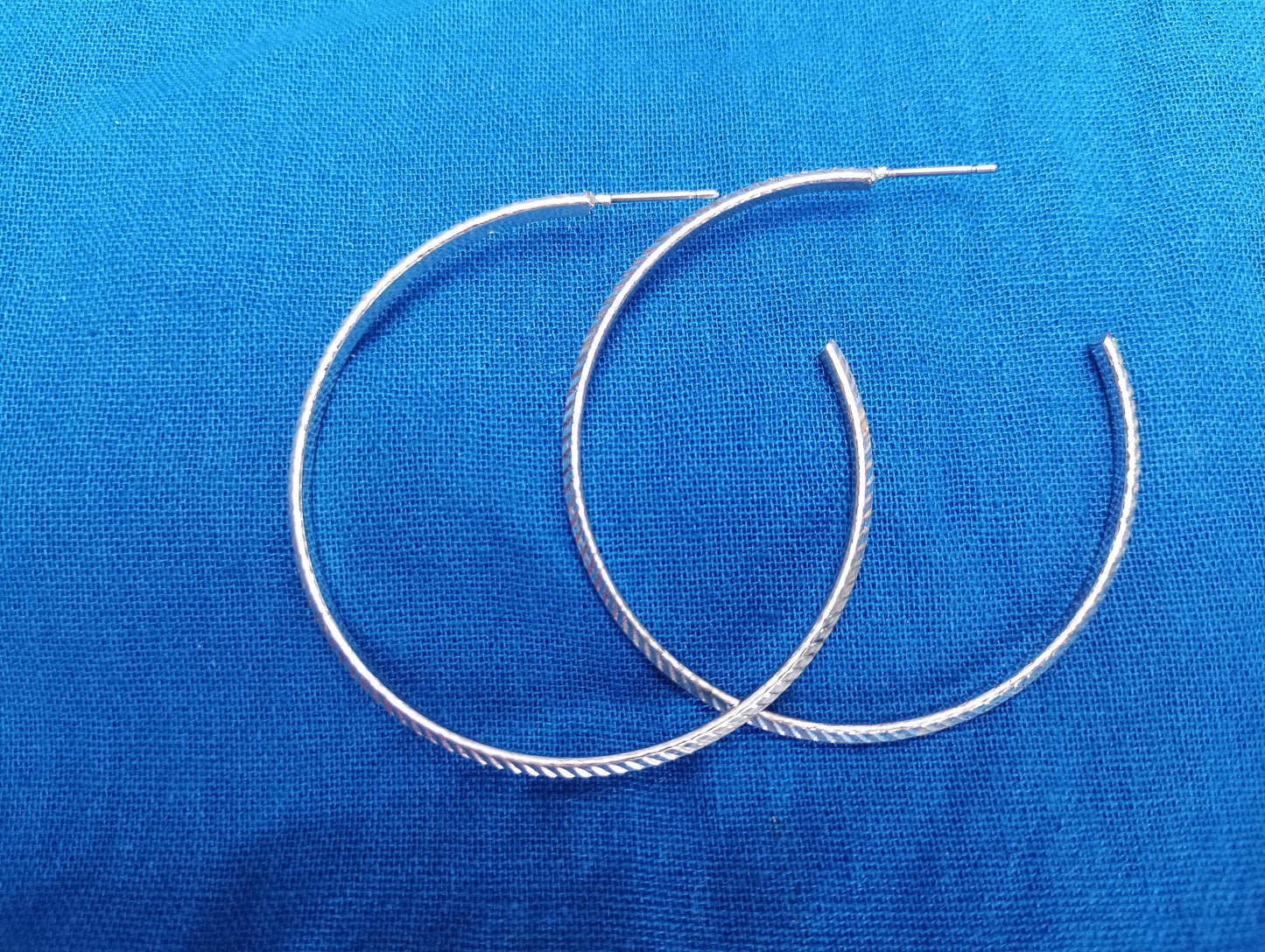 Vintage Silver Plated Hoop Earrings, Textured Striped Pattern, 2 inch
