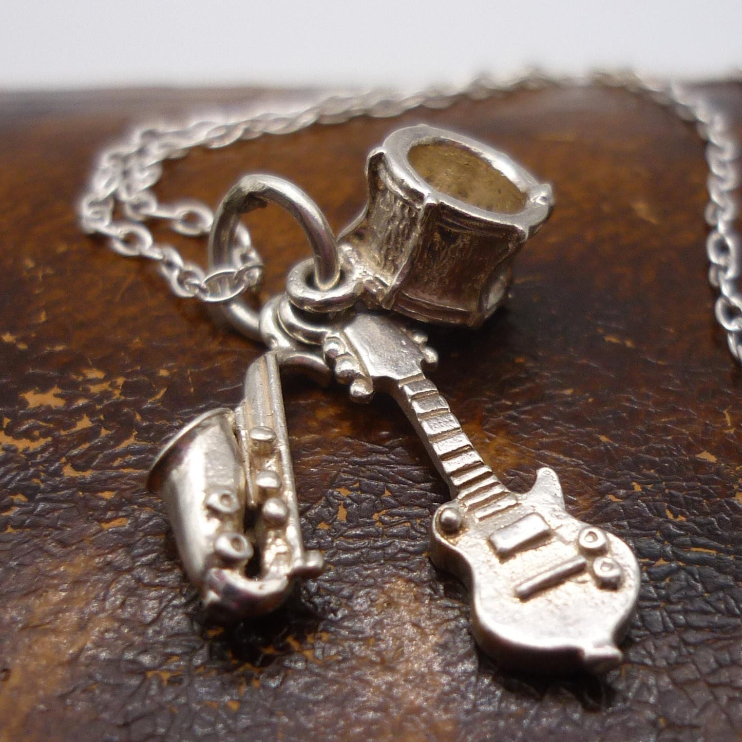 Silver Musical Instrument Charm Pendant on Chain, Guitar Drums and Saxophone Necklace