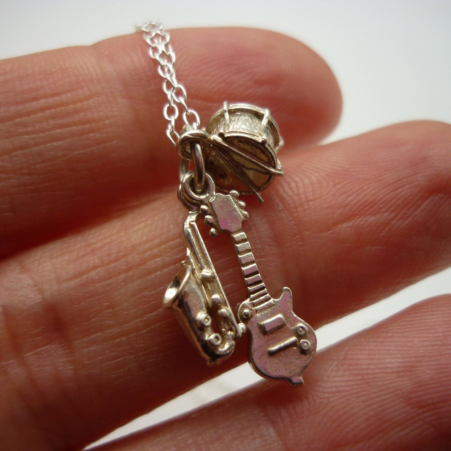 Silver Musical Instrument Charm Pendant on Chain, Guitar Drums and Saxophone Necklace
