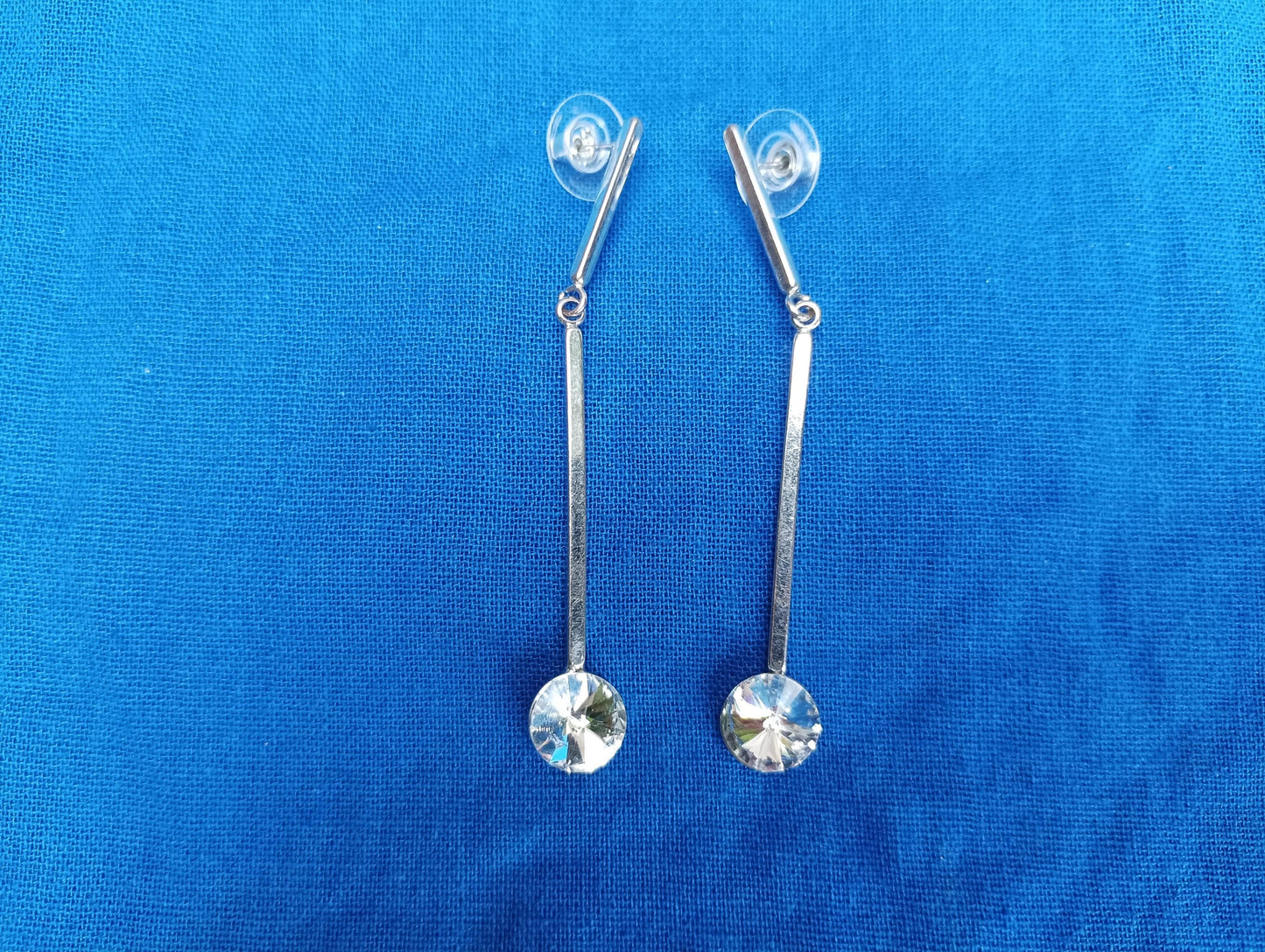 Vintage Rhinestone Dangle Earrings: Silver Tone Diamante Bar Drop