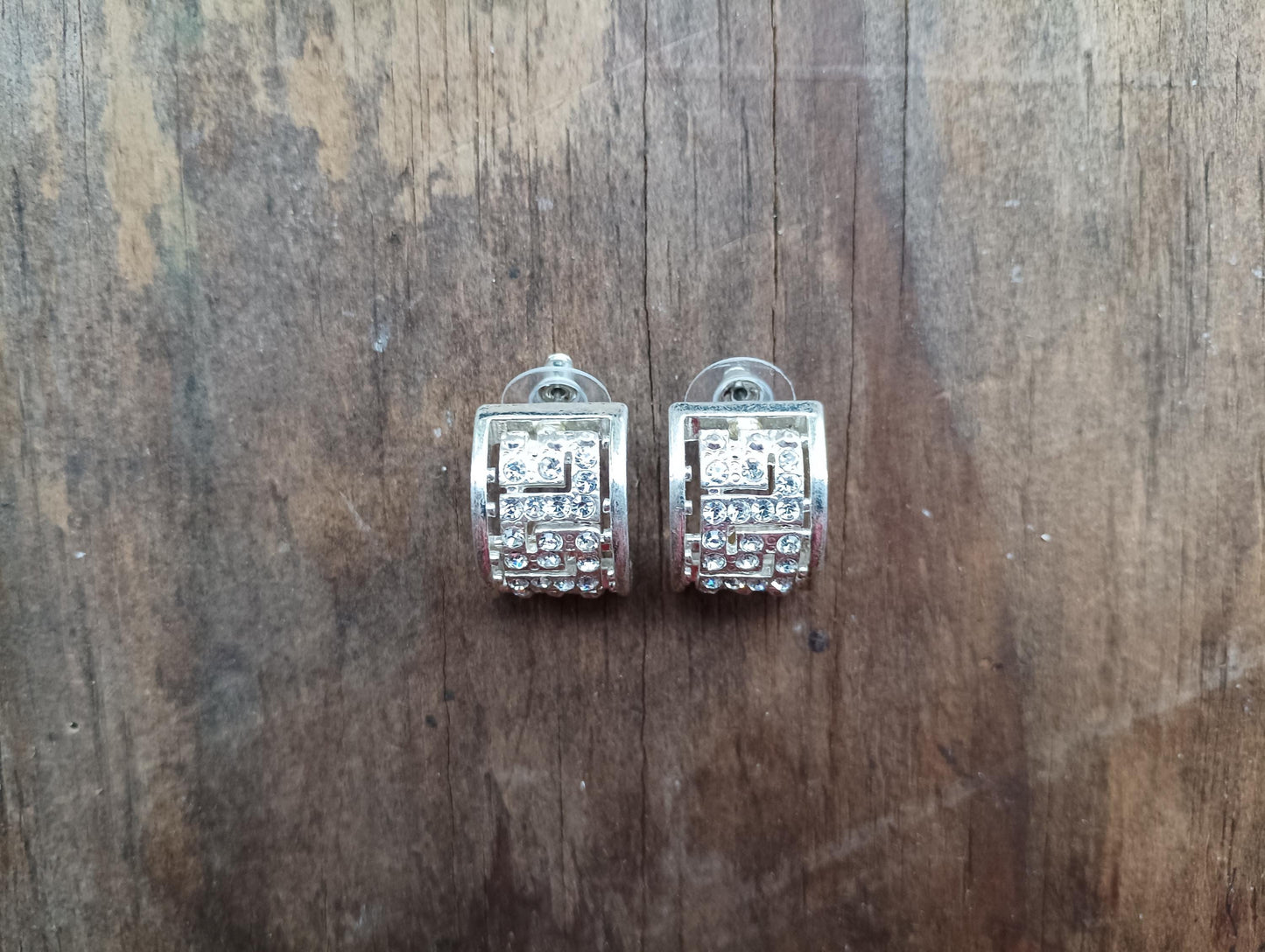 Vintage Rhinestone Crescent Dangle Earrings: Silver Plated Art Deco Jewelry