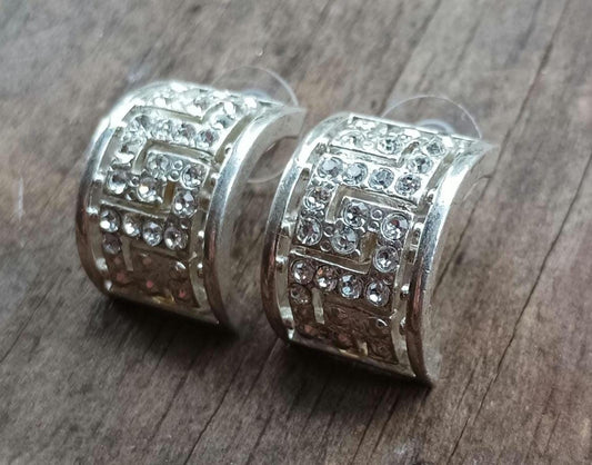 Vintage Rhinestone Crescent Dangle Earrings: Silver Plated Art Deco Jewelry