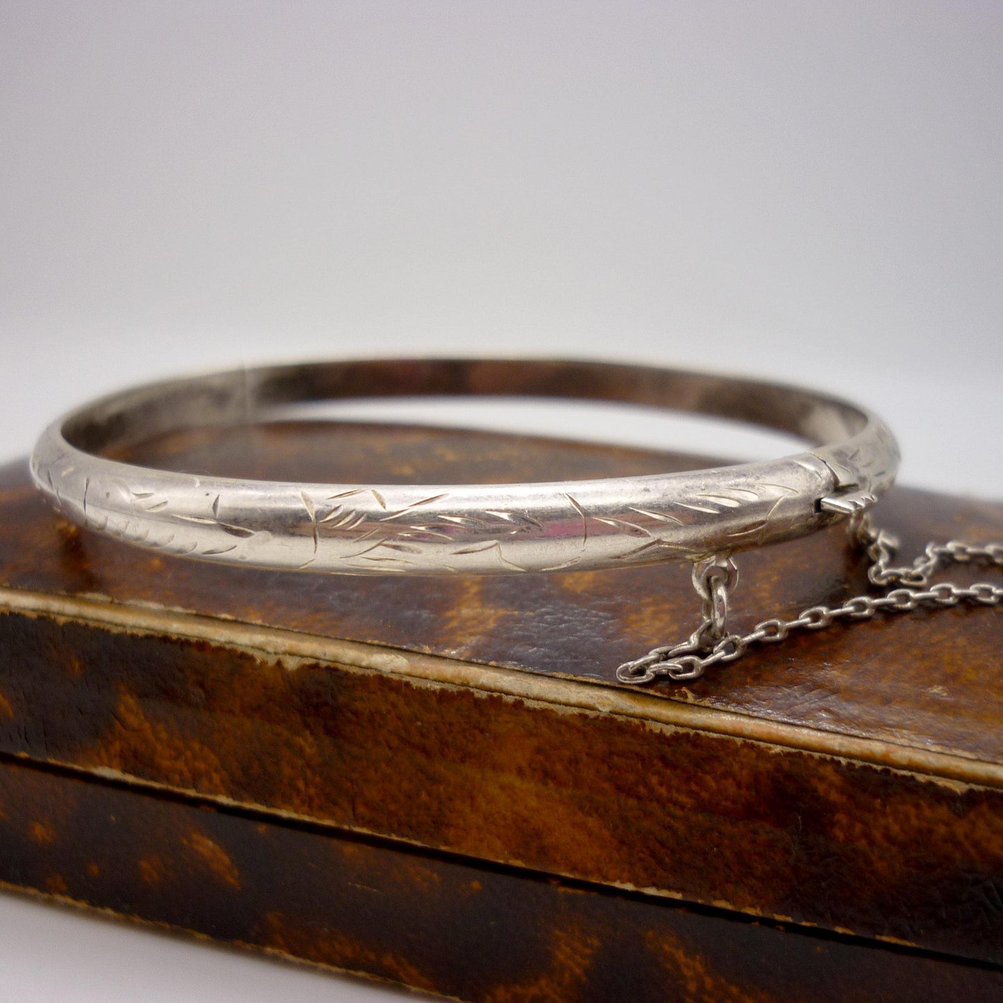 Small Silver Stacking Bangle, Engraved Pattern Bracelet with Safety Chain