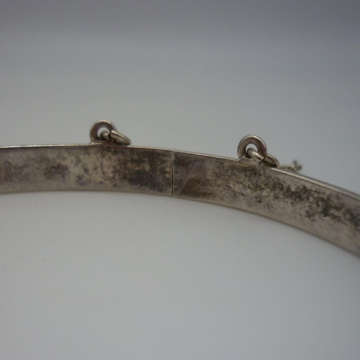 Small Silver Stacking Bangle, Engraved Pattern Bracelet with Safety Chain