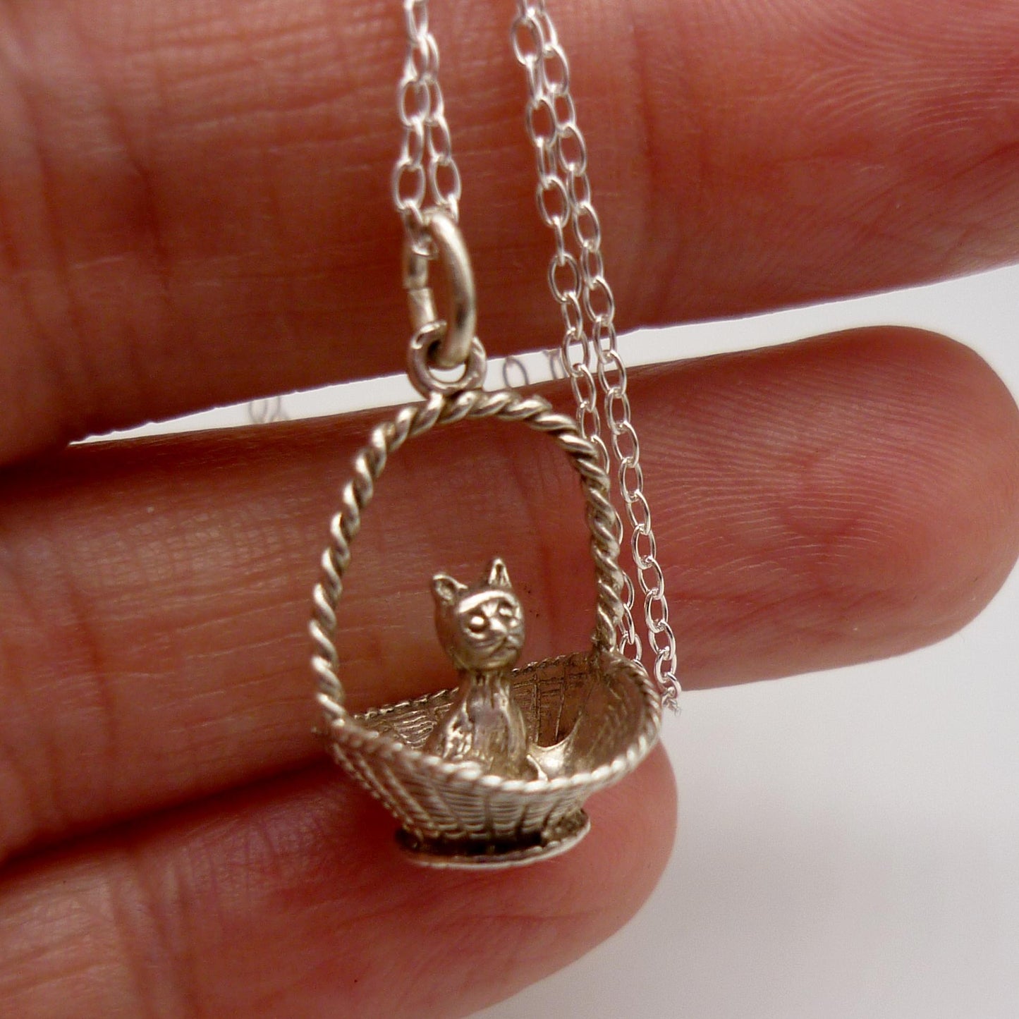 Silver Cat in a Basket Charm Necklace
