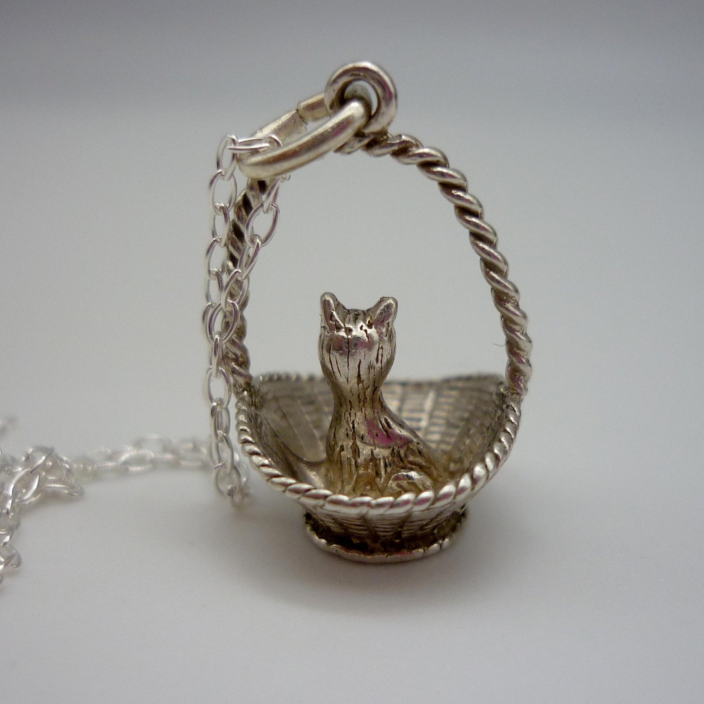 Silver Cat in a Basket Charm Necklace