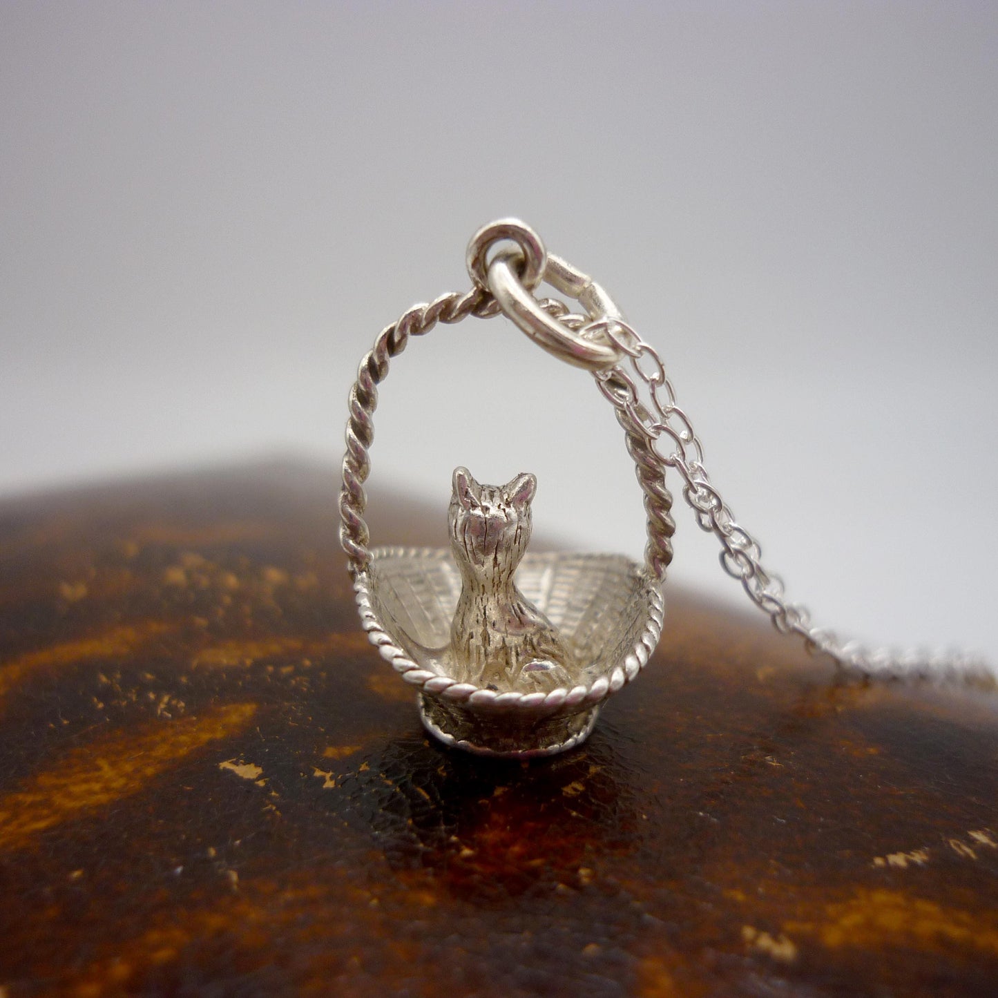 Silver Cat in a Basket Charm Necklace