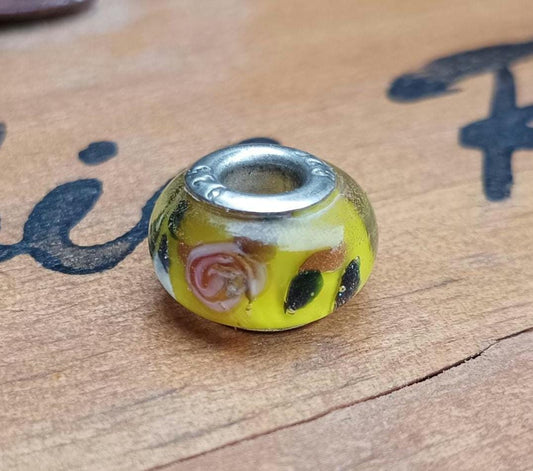 Vintage Murano Glass Charm Bead: 925 Sterling Silver, Pink Rose Floral