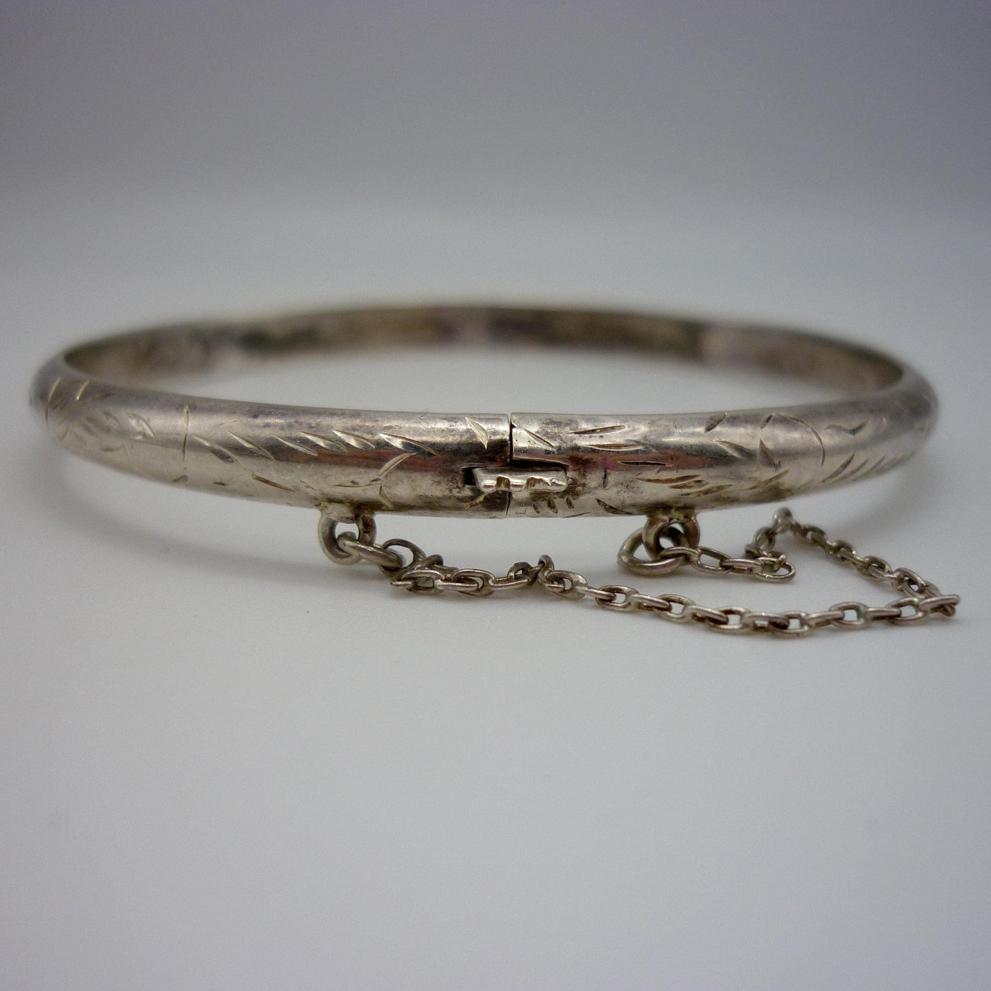 Small Silver Stacking Bangle, Engraved Pattern Bracelet with Safety Chain