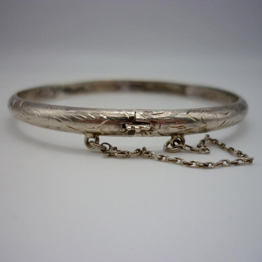 Small Silver Stacking Bangle, Engraved Pattern Bracelet with Safety Chain