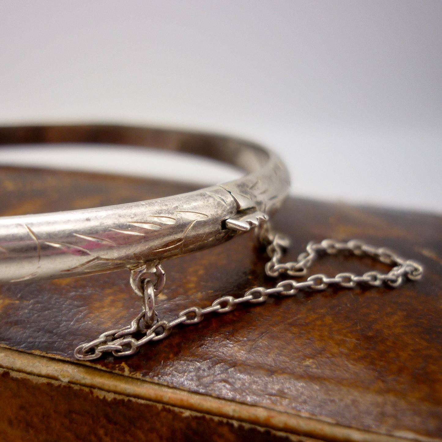 Small Silver Stacking Bangle, Engraved Pattern Bracelet with Safety Chain