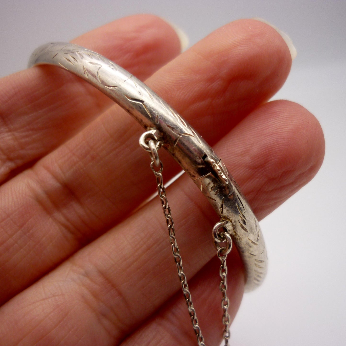 Small Silver Stacking Bangle, Engraved Pattern Bracelet with Safety Chain