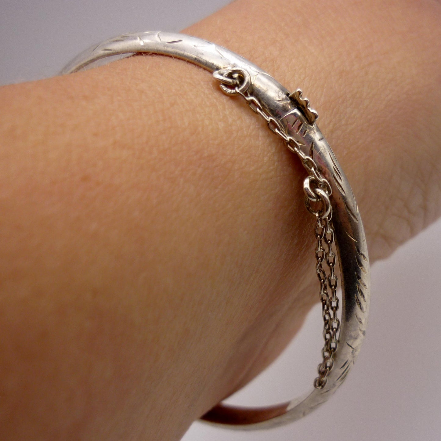 Small Silver Stacking Bangle, Engraved Pattern Bracelet with Safety Chain