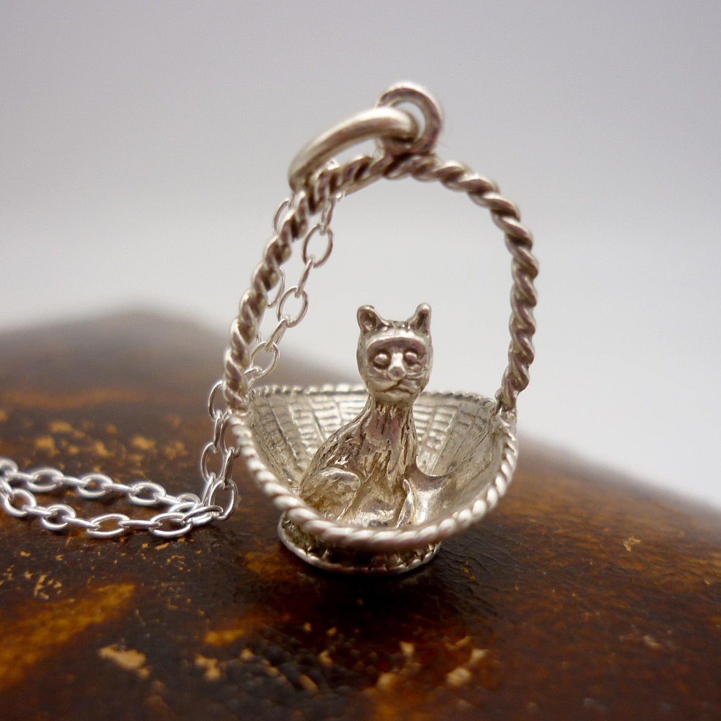 Silver Cat in a Basket Charm Necklace