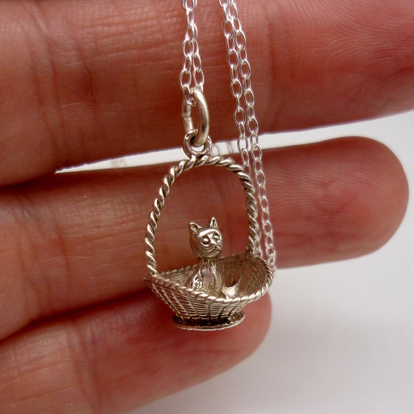 Silver Cat in a Basket Charm Necklace