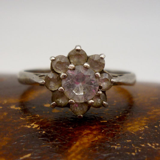 Vintage Silver & Clear Quartz Flower Ring Size 5.25