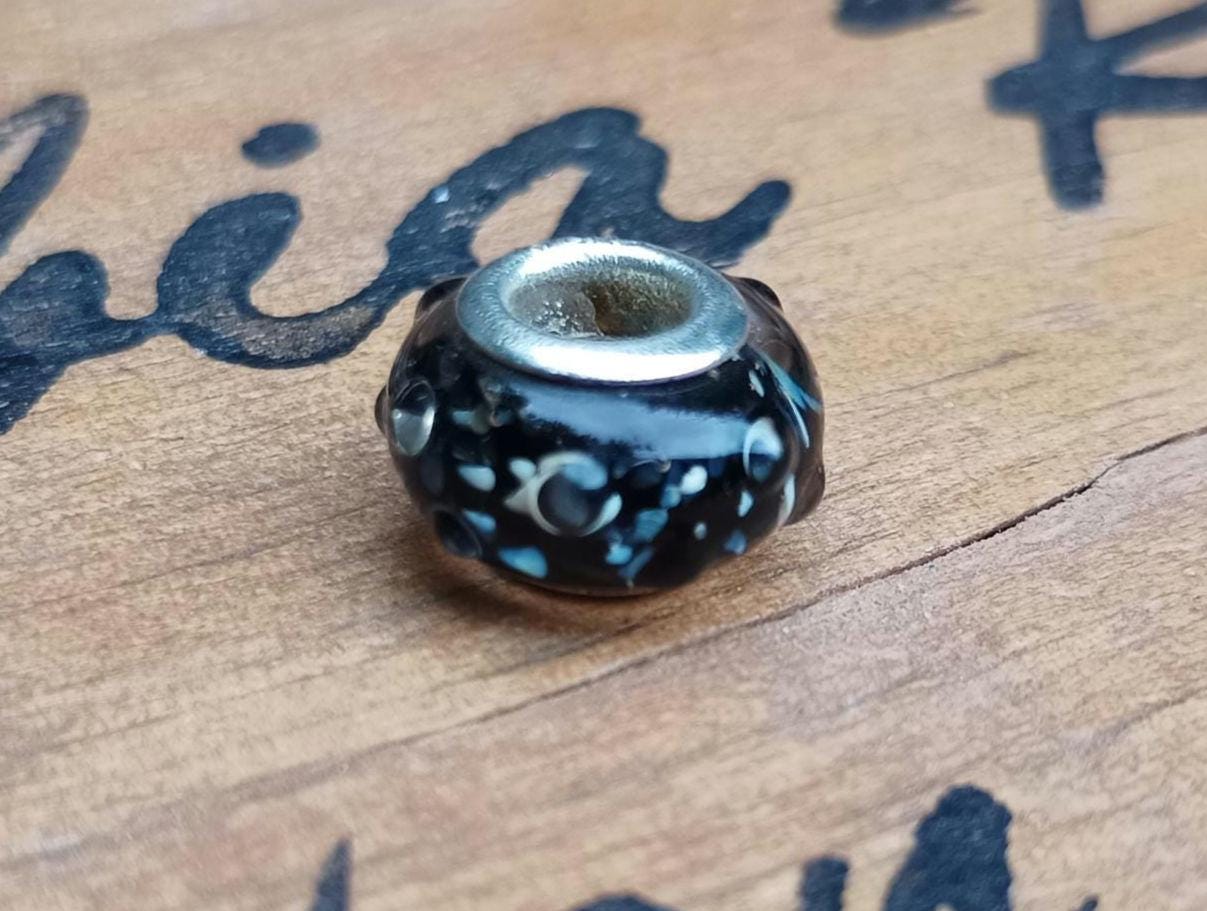 Murano Glass Charm Bead: 925 Sterling Silver, Black Speckled Pandora Style