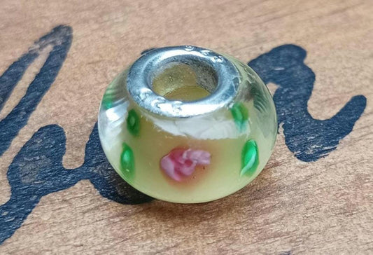 Vintage Pandora Style Murano Glass Charm Bead: Pink & Green Swirl, Sterling Silver