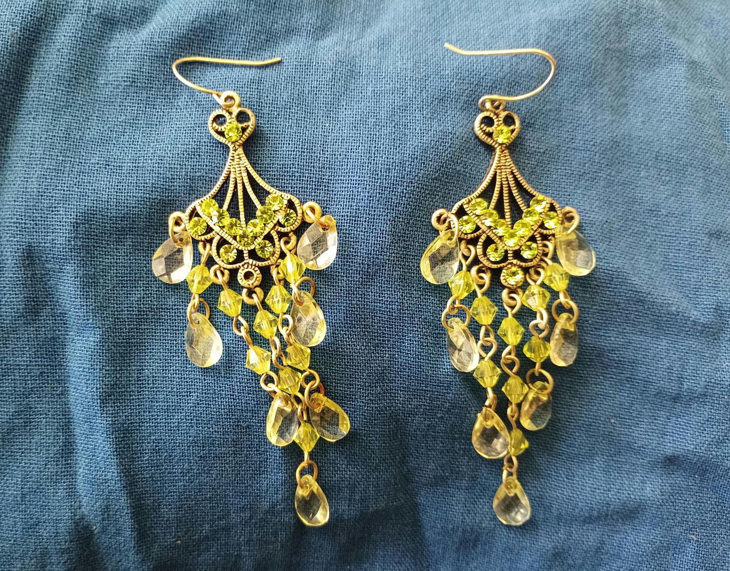 Vintage Green Rhinestone and Glass Chandelier Dangle Earrings