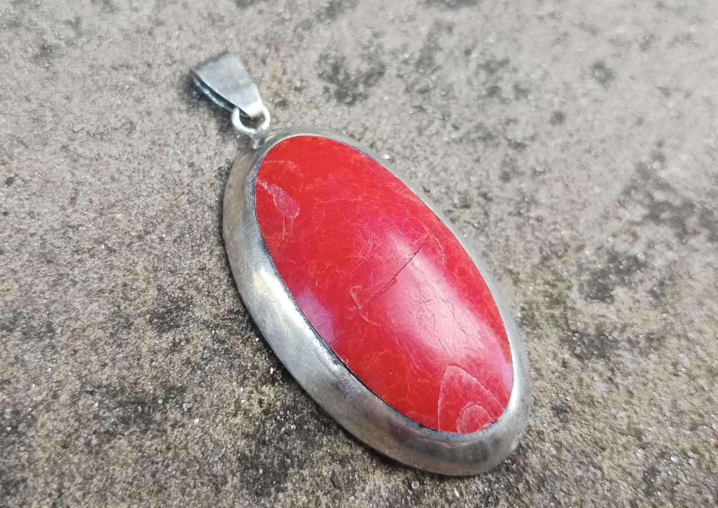 Large Sterling Silver Red Gemstone Cabochon  Pendant