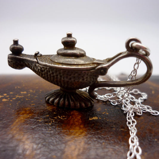 Aladdin's Lamp Charm Necklace, Silver Genie's Lamp Pendant