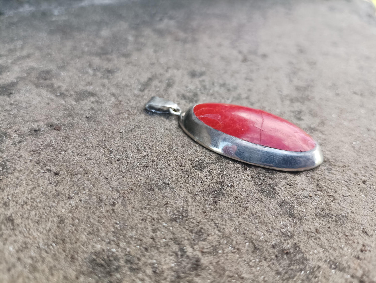 Large Sterling Silver Red Gemstone Cabochon  Pendant