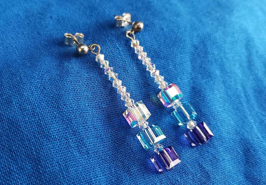 Vintage Aurora Borealis Crystal Cube Dangle Earrings