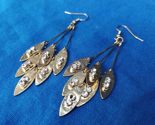 Vintage Gold Tone Diamante and Leaf Design Chandelier Earrings