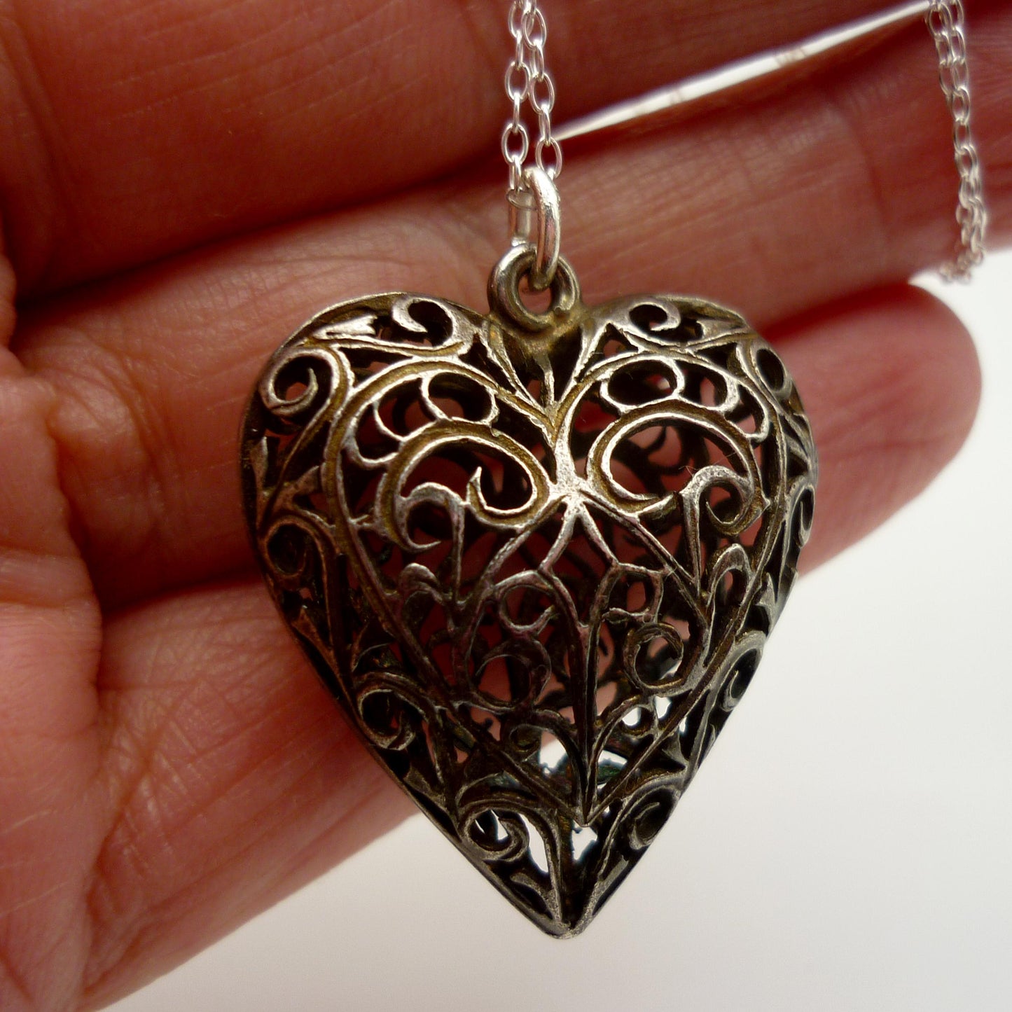 Large Silver Filigree Heart Necklace, Openwork Heart Pendant on Chain