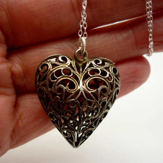 Large Silver Filigree Heart Necklace, Openwork Heart Pendant on Chain
