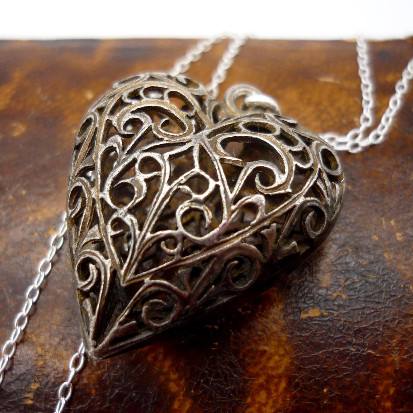 Large Silver Filigree Heart Necklace, Openwork Heart Pendant on Chain