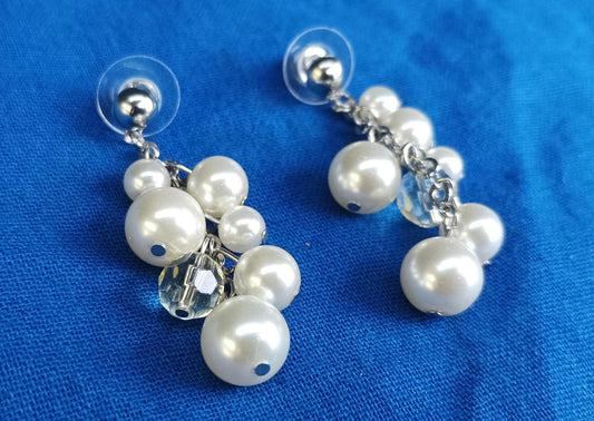 Vintage Faux Pearl and Crystal Cluster Dangle Earrings