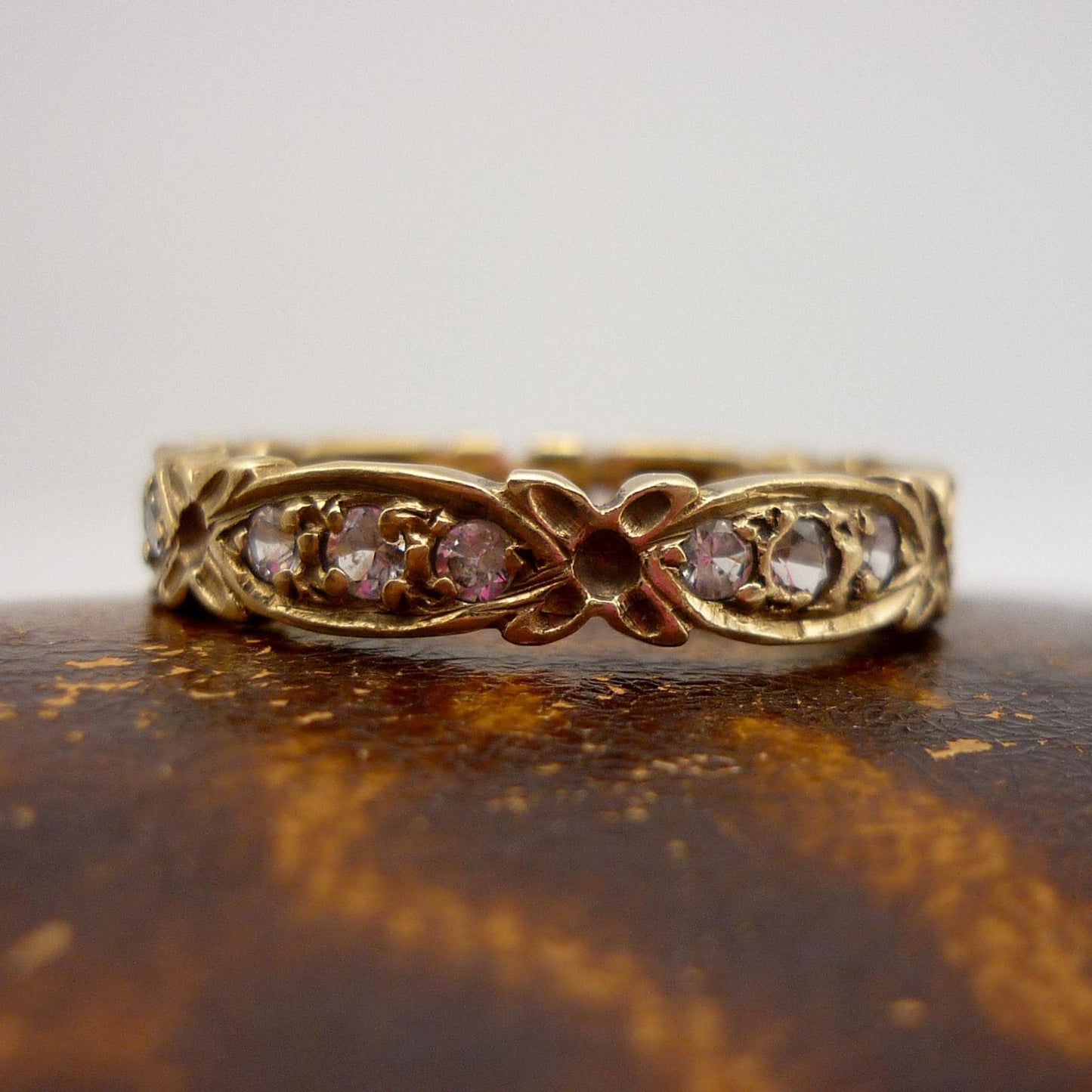 Vintage Gold Diamond Eternity Band, 9k Flower Ring Size 7.75