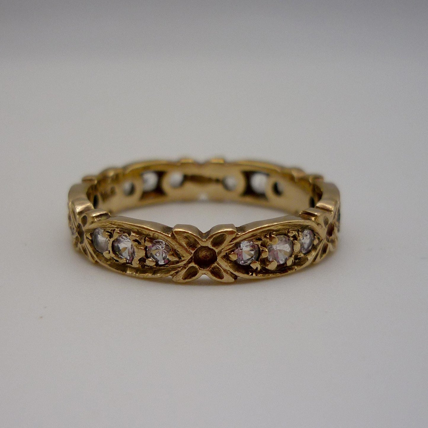 Vintage Gold Diamond Eternity Band, 9k Flower Ring Size 7.75