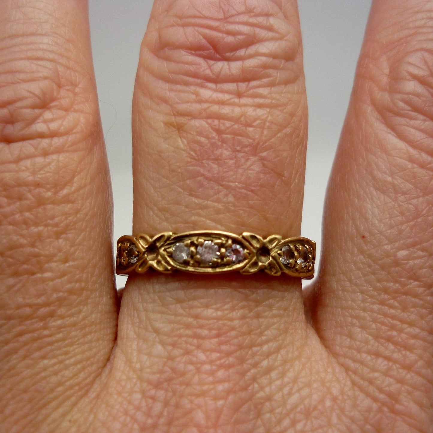 Vintage Gold Diamond Eternity Band, 9k Flower Ring Size 7.75