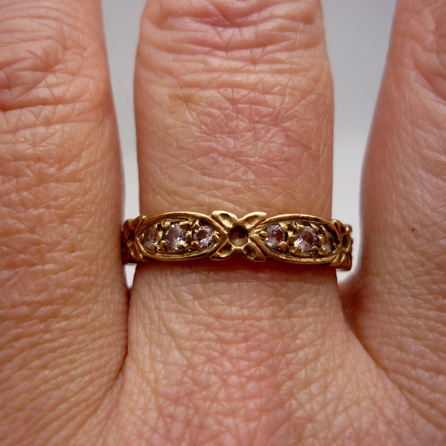 Vintage Gold Diamond Eternity Band, 9k Flower Ring Size 7.75