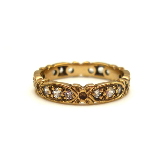 Vintage Gold Diamond Eternity Band, 9k Flower Ring Size 7.75
