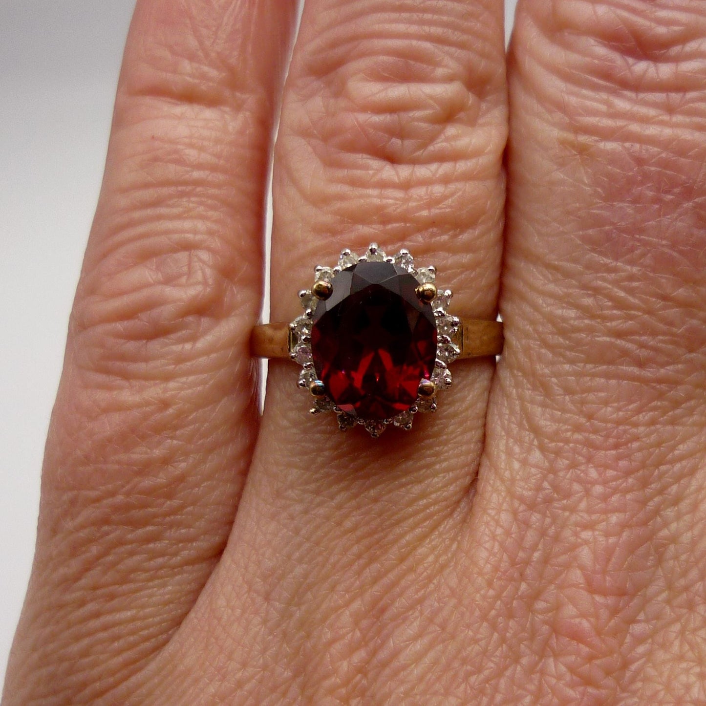 Vintage 9k Gold Garnet & Diamond Halo Ring Size 6