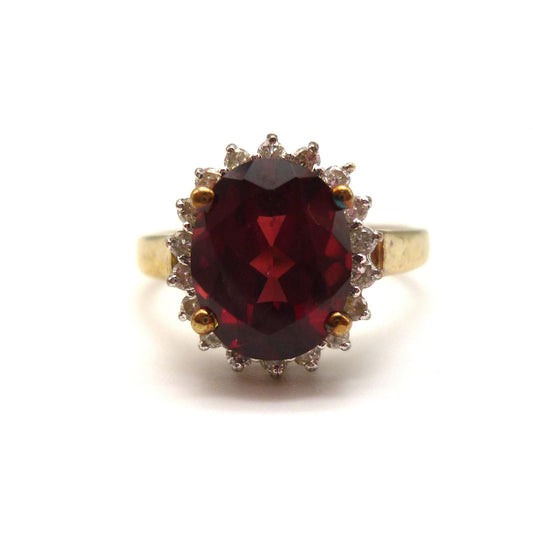Vintage 9k Gold Garnet & Diamond Halo Ring Size 6