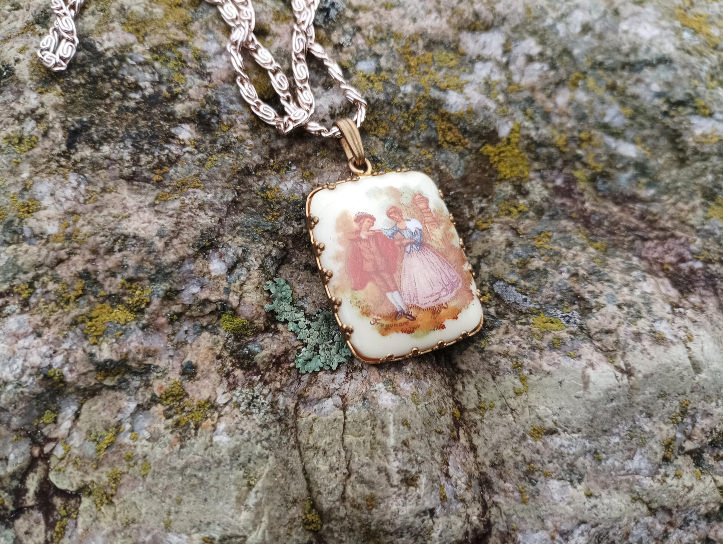 Vintage Limoges Porcelain Pendant Necklace: Rural Courting Couple