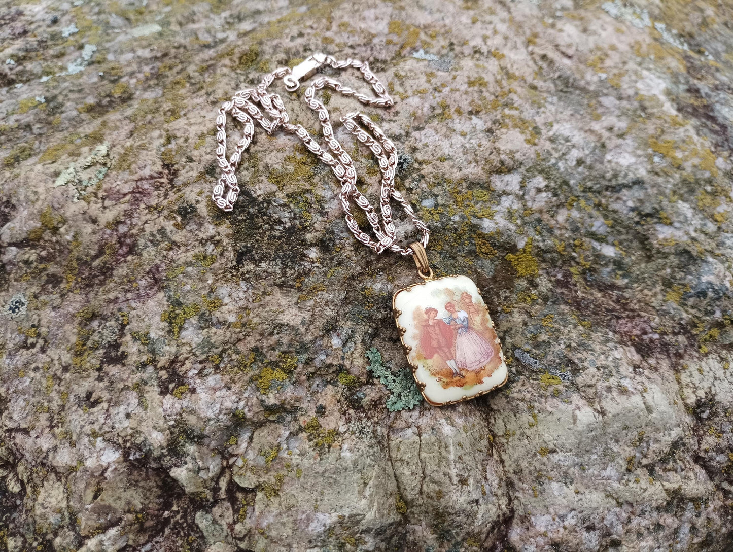 Vintage Limoges Porcelain Pendant Necklace: Rural Courting Couple