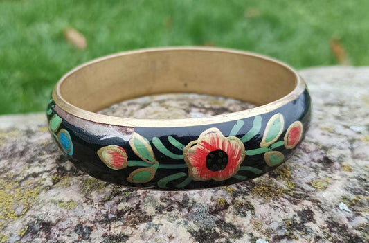 Vintage 1950s Black Enamel Floral Cloisonne Brass Bangle For Women